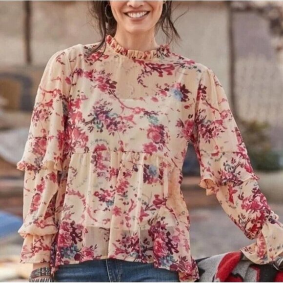 Sundance Womens Large Sheer Floral Peplum Top Ruffle Detail Long Sleeve Blouse - Picture 12 of 12